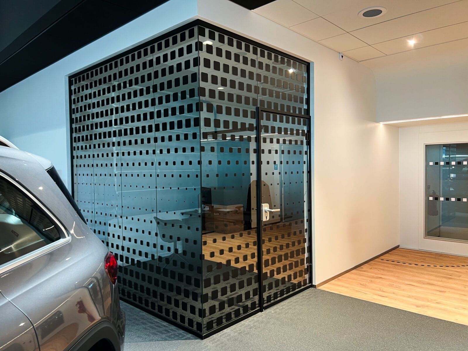 Custom designed contrast markings for glass.