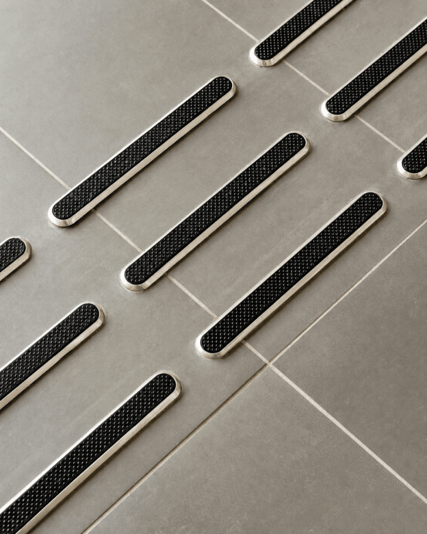Guidance Strips KÅBO – Stainless Steel with Inlay – Tactile Guidance Bars and Stop Markings – Black and White
